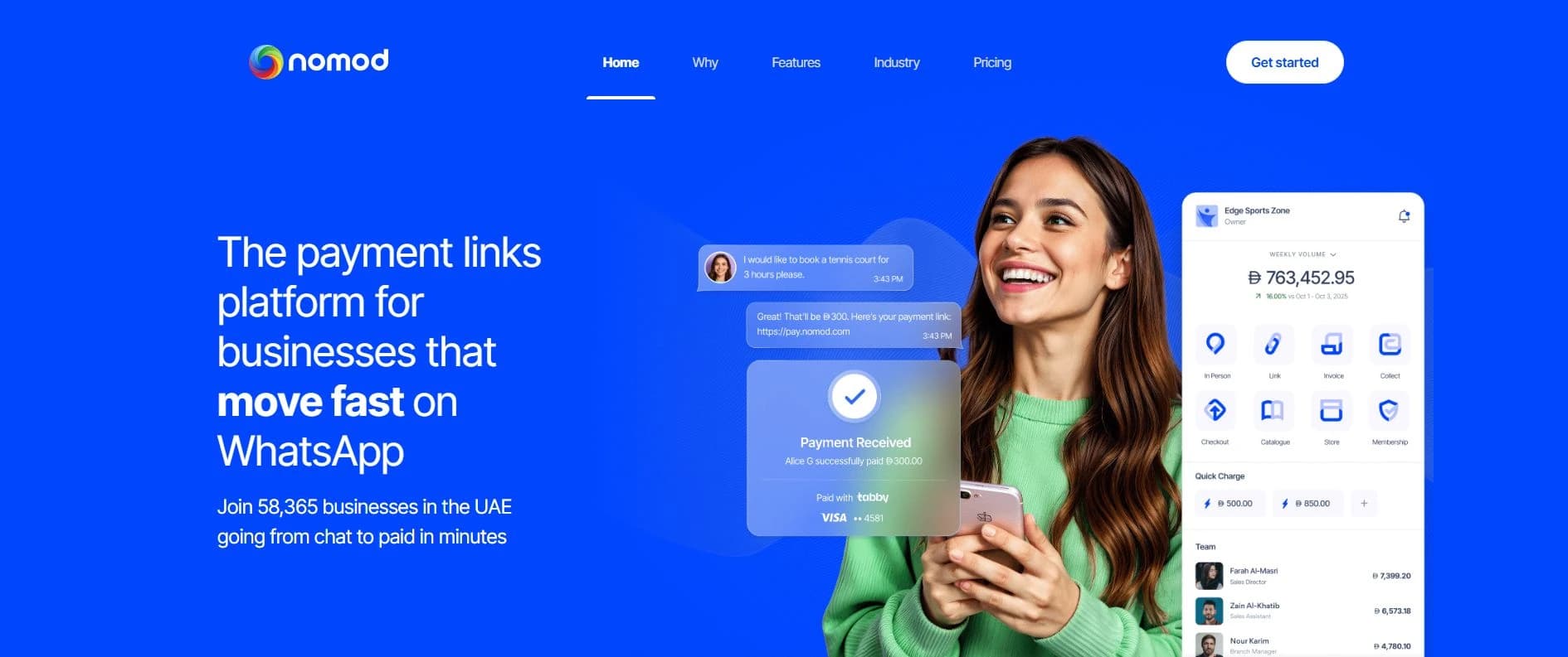Nomod’s public payment links website with a mobile payments dashboard