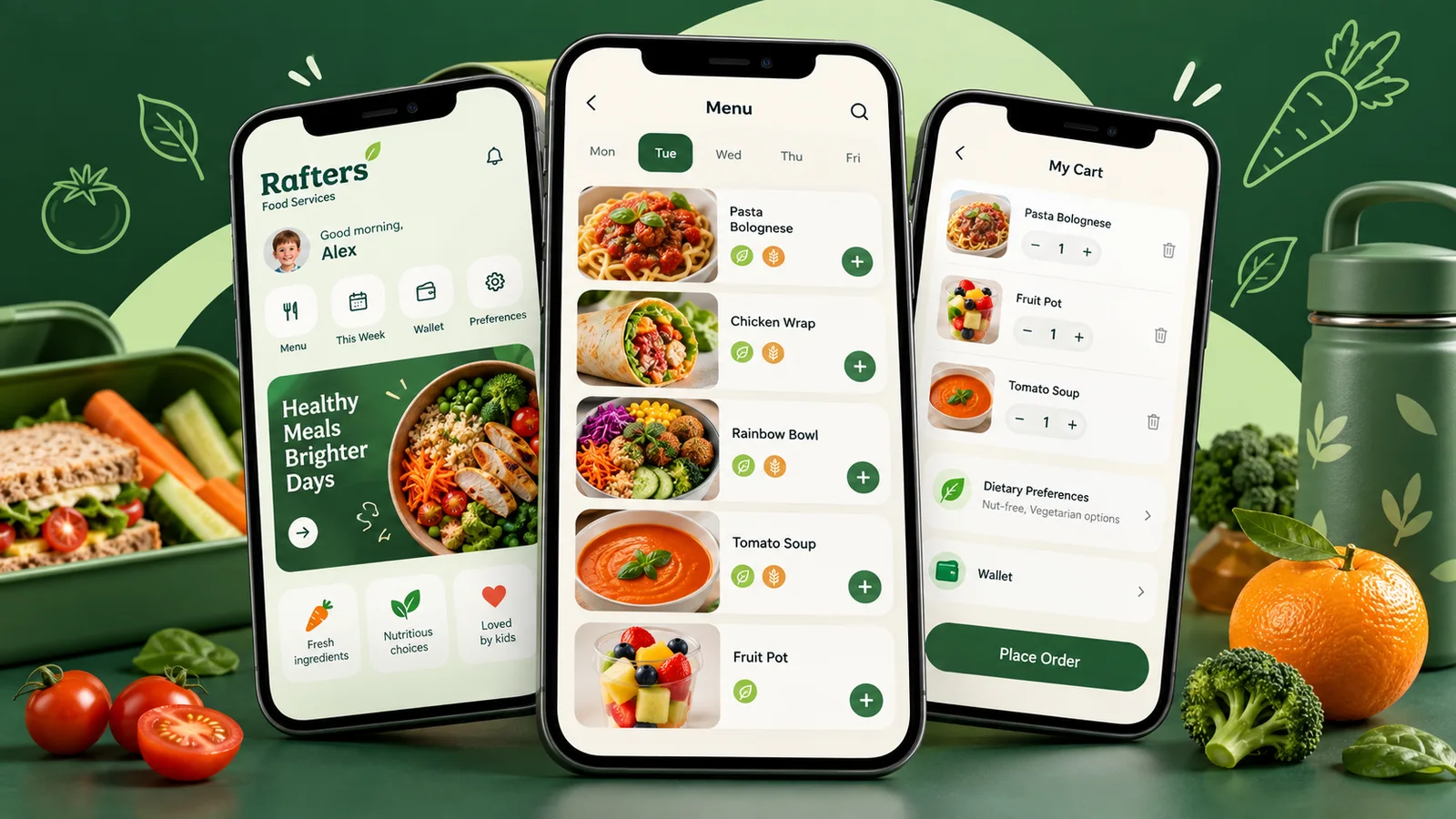 Rafters mobile school-meal ordering, menu and cart experience
