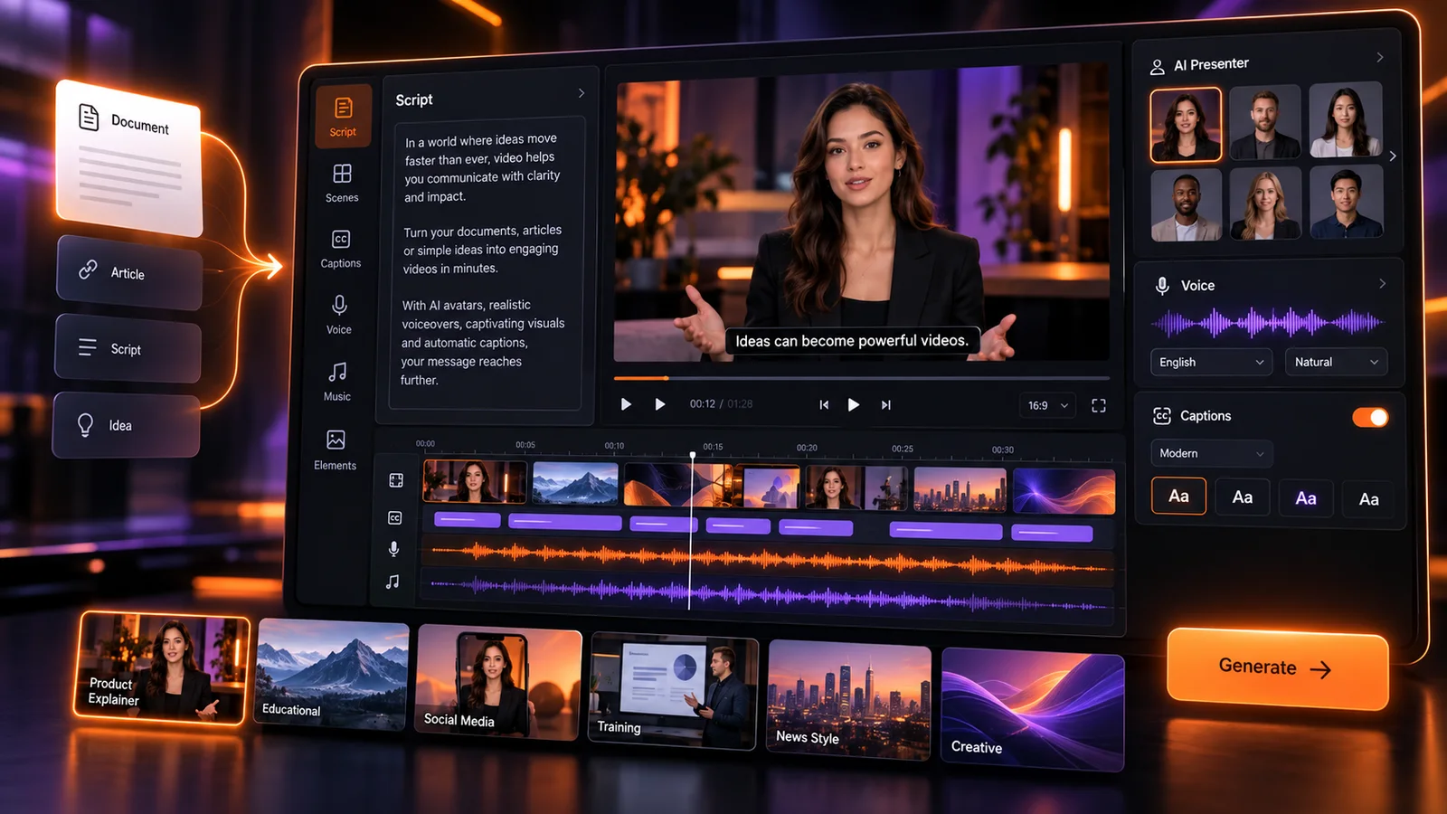 DeepReel AI video creation editor with script, presenter and timeline